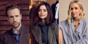 A triptych of actors Rafe Spall, Jenna Coleman, and Katherine Kelly